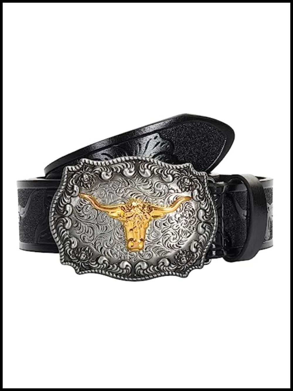 Western PU-Leather Cowboy Belt with Engraved Floral Longhorn Bull Buckle for